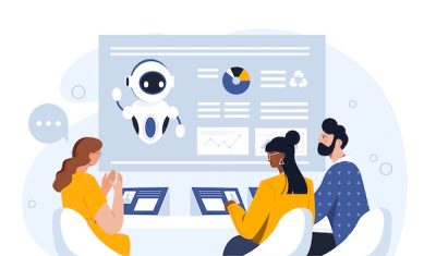Meeting with robot concept. Artificial intelligence and machine learning. Men and women communicate and chatting with chat bot. Virtual helper and assistant. Cartoon flat vector illustration
