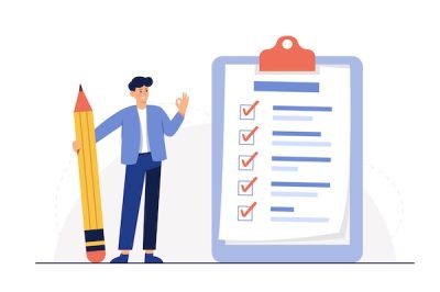 Businessman holding pencil at big complete checklist with tick marks.