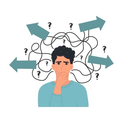 Choice concept. A person doubts the choice of path, method, decision-making, thinking about a problem. Illustration of arrow directions. Choice dilemma.
